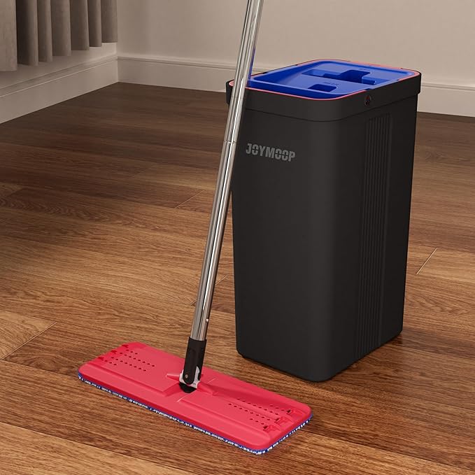 JOYMOOP Mop and Bucket with Wringer Set, Hands Free Flat Floor Mop and Bucket, with 4 Washable Microfiber Pads, Wet and Dry Use, Floor Cleaning System - Black+Red+Slate Blue-Ruum Studio Home