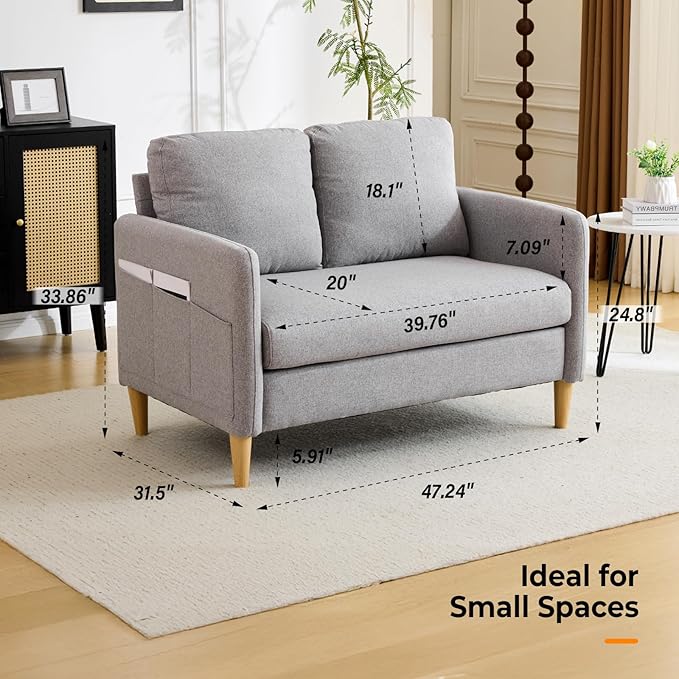 VINGLI 47" Small Couch, Linen Loveseat Sofa Light Grey Mini Couch Mid Century Modern Decor Love Seat for Small Spaces Living Room, Bedroom, Play Room-Ruum Studio Home