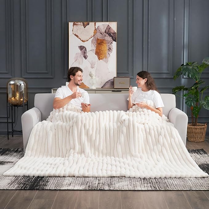 Cozy Bliss Faux Fur Throw Blanket for Couch, Cozy Warm Plush Striped Blanket for Sofa Bedroom Living Room, 50 * 60 Inches Cream White-Ruum Studio Home