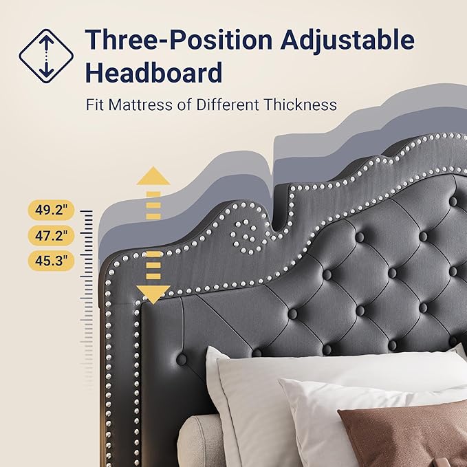 Allewie Full Size Bed Frame with Adjustable Velvet Tiara Headboard, Upholstered Diamond Button Tufted Platform Bed, Wood Slats Support, No Box Spring Needed, Light Grey-Ruum Studio Home