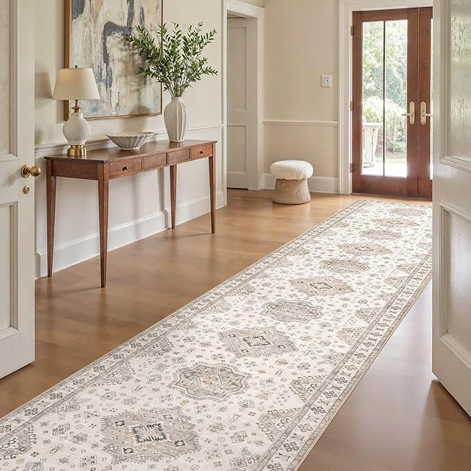 Washable 3x20 Runner Rug - Area Rugs Neutral Vintage Distressed Floral Farmhouse Boho Large Soft Floor Rug Indoor Carpet for Hallway Entryway Home - Beige Brown-Ruum Studio Home