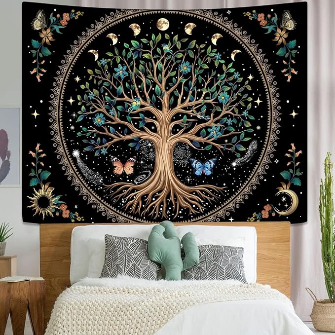 Lunerfex Tree of Life Tapastry Sun and Moon Tapastry Flower Boho Tree Mandala Wall Hanging for Bedroom and Living Room Decor Green Tree 70×90 Inches-Ruum Studio Home