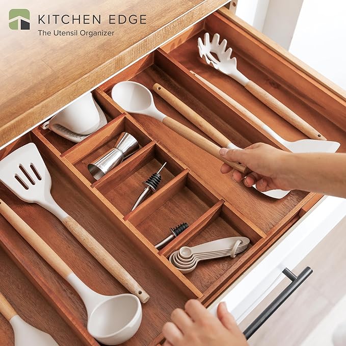 Adjustable Kitchen Drawer Organizer for Utensils and Junk, Food-Safe Contract Grade with 100% Sustainable Wood, Non-Slip, Expandable from 18.5 to 33 Inches Wide - Natural Acacia-Ruum Studio Home