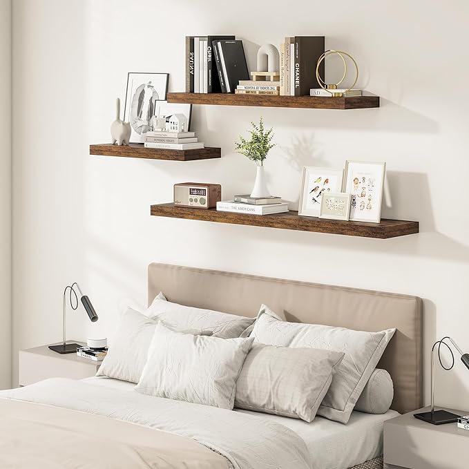 12" Deep Floating Shelves for Wall 48 Inches Long, Heavy Duty Wall Shelves for Bedroom Bathroom Kitchen Laundry Room, Farmhouse Rustic Shelves for Home Decor, 48" X 12" X 2" Set Of 2, Rustic Brown-Ruum Studio Home