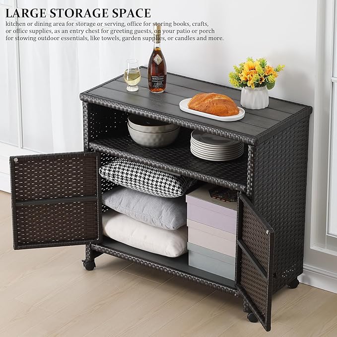 Outdoor Wicker Storage Cabinet - Patio Bar Table with Wheel,Outdoor Buffet Cabinet Movable,Garden Weather-Proof Bar Table/Cart for Indoor&Outdoor (Dark Brown)-Ruum Studio Home