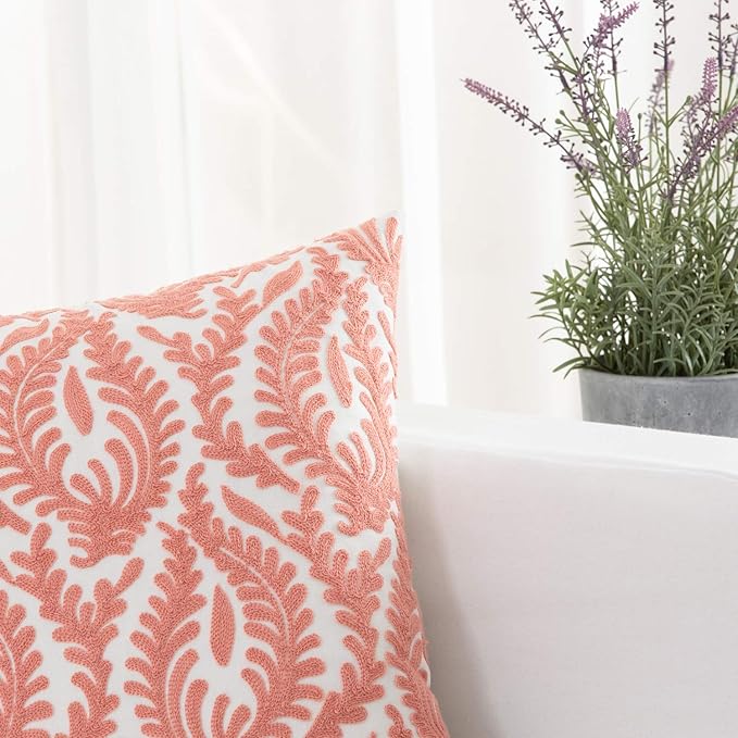 HWY 50 Coral Pink Decorative Throw Pillow Covers 18x18 Inch (1 Piece), Embroidered Cotton Farmhouse Cushion Cover Pillow Case for Sofa Couch Living Room Bed Bedroon, Floral Branches-Ruum Studio Home