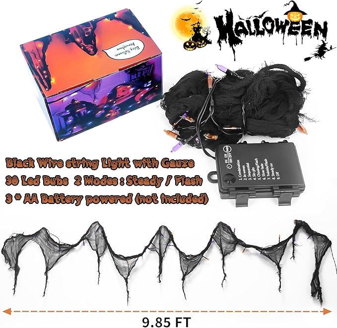 Halloween Horror Atmosphere Lights, Orange&Purple LED String Lights with 9.9FT Creepy Black Gauze, Battery Powered with Timer & 8 Flashing Modes (Purple)-Ruum Studio Home