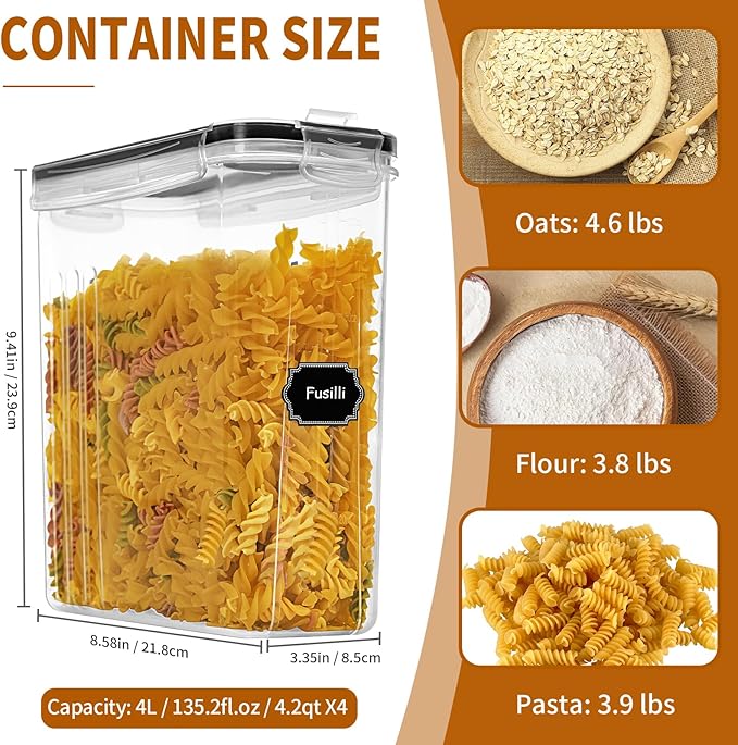 Cereal Containers Storage Set (4L / 135.2oz), 4PCS Airtight Food Storage Containers with Lids, Cereal Dispensers for Kitchen Pantry Organization and Storage with Pour Spout, 20 Labels, Marker-Ruum Studio Home