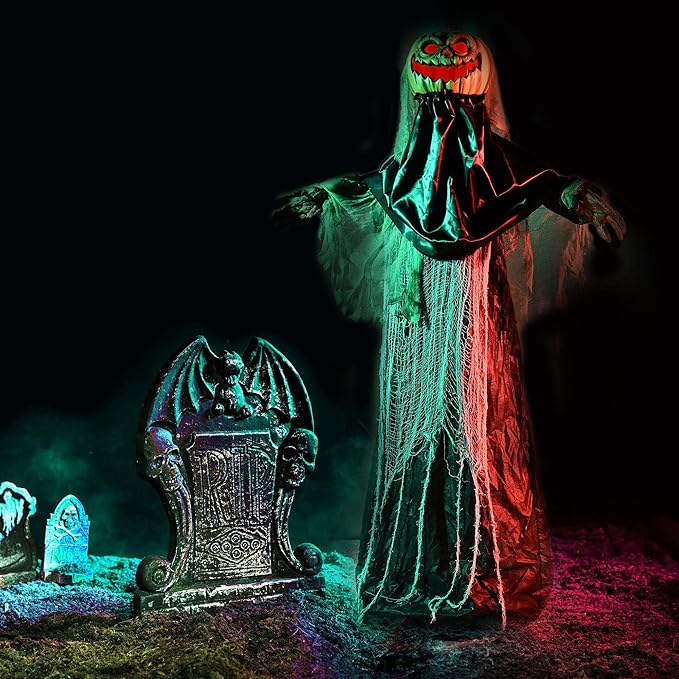 AW Scary Animated Halloween Decorations Jack-O-Lantern,Pumpkin Ghost Props 5.4 Ft Full Life Size with Motion/Sound Activated Glowing Head Horror Party Outdoor Indoor Decorations Farm Scarecrow 2025-Ruum Studio Home