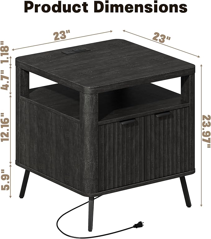 Nightstand with Charging Station, 24" End Table Side Table with Open Shelf, Modern Large Wood Fluted Bedside Cabinet for Bedroom, Living Room, Black-Ruum Studio Home