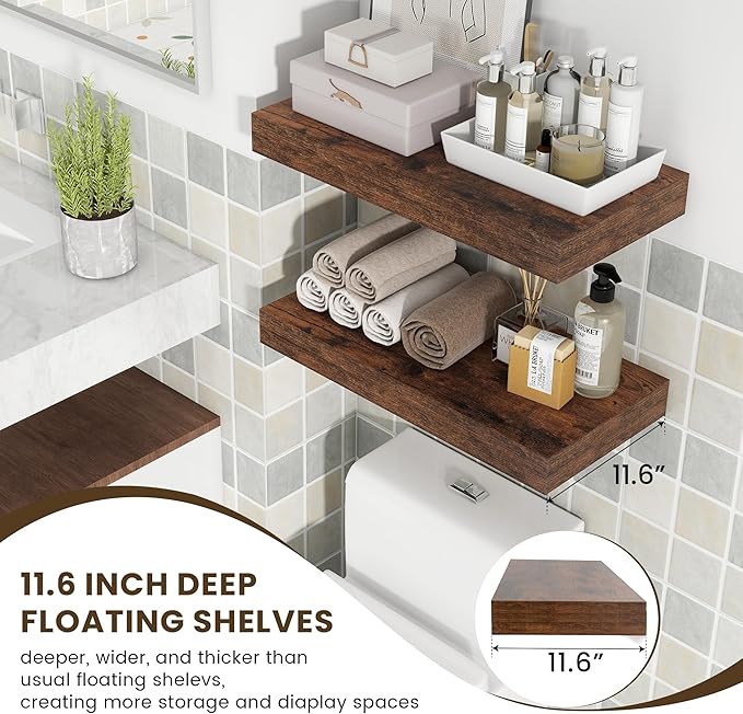 Deep Floating Shelves, 12 Inch Deep Rustic Floating Shelves Set of 2, 24 Inch Large Wall Mounted Wood Shelves for Books Laundry Room Living Room Bedroom Kitchen Home Office - Rustic Brown-Ruum Studio Home