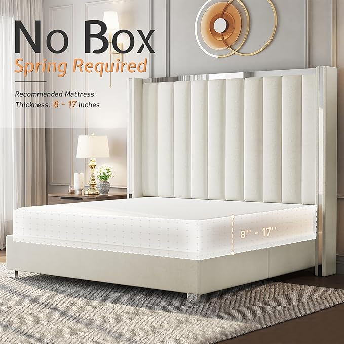 Jocisland King Size Bed Frame with 58" Tall Headboard, Platform Velvet Upholstered Bed with Channel Tufted Wingback Headboard and Plating Trim, No Box Spring Needed, Cream-Ruum Studio Home
