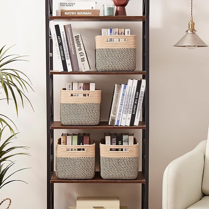 OIAHOMY 4 Pack Storage Baskets for Organizing, Basket for Shelves with Handle, Woven Baskets for Storage Toys, Towels, Books, Cotton Rope Basket 13" L x 9 " W x 7.8 " H, Brown & Black-Ruum Studio Home
