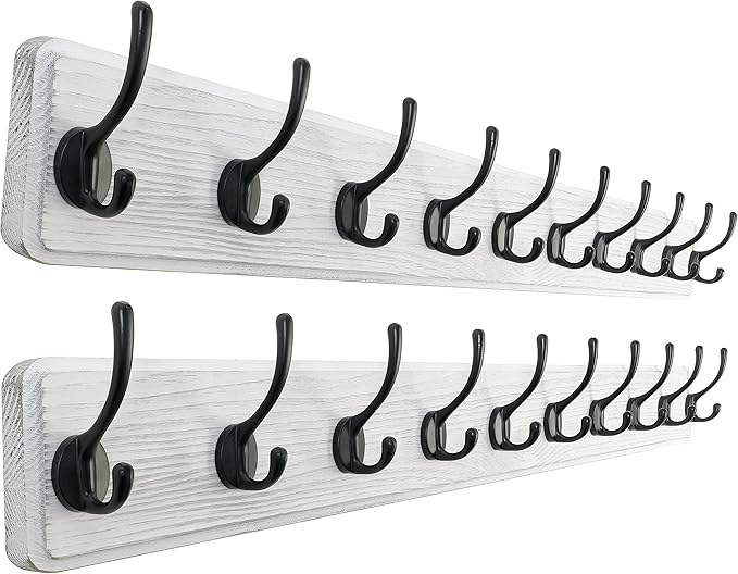 SKOLOO Rustic Wall Mounted Coat Rack, Case of 2, Pine Solid Wood Coat Hook Hanger - 10 Hooks for Hanging Clothes Robes Towels Coats-Ruum Studio Home