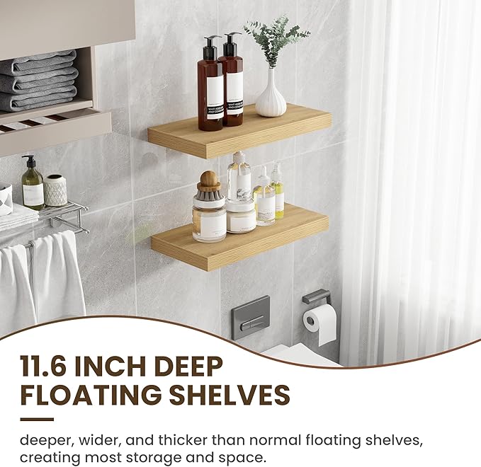 24 Inch Floating Shelves, 12 Inch Deep Floating Shelves for Wall, Floating Shelf with Invisible Brackets, Deep Shelves for Bathroom, Bedroom, Living Room, 2 Pack, Natural-Ruum Studio Home