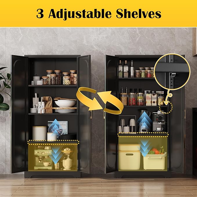 Metal Kitchen Storage Cabinets,60”Pantry Cabinet with Doors and 4 Adjustable Shelves,Tall Black Cabinet for Pantry, Laundry Room,Living Room,Dinning Room-Ruum Studio Home