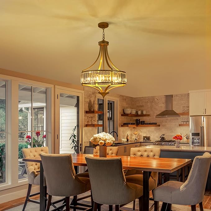 20" Modern Crystal Chandelier, 5-Light Gold Dinning Room Light Fixtures Over Table, Hanging Round Pendant Chandelier for Kitchen Island Entryway Bedroom Office Bathroom Stairwell-Ruum Studio Home