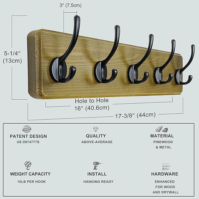 Dseap Coat Rack Wall: Patented, Heavy-Duty, 5-Double-Hooks Wooden Wall Mounted Coat Rack Coat Hanger Hook Rail for Winter Coats Hat Jacket Clothing, Weathered Green-Ruum Studio Home