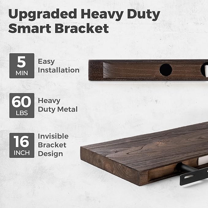 RICHFOCUS Live Edge Elm Floating Shelves - 48" W x 9.3" D Rustic Solid Wood Wall Shelves with Invisible Bracket, Wall-Mounted for Living Room, Bedroom, Kitchen Storage & Display, Set of 1, Walnut-Ruum Studio Home