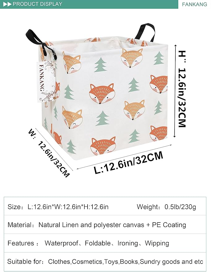 FANKANG Square Nursery Hamper Storage Bins Canvas Laundry Basket Foldable with Waterproof PE Coating Storage Baskets Gift Baskets for Children, Office, Bedroom, Clothes（Square-Fox）-Ruum Studio Home