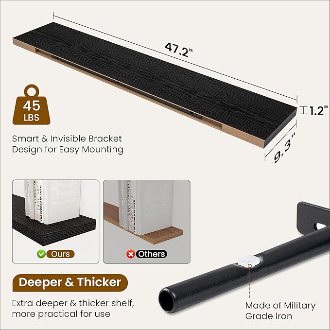 Fun Memories 48 Inch Deep Floating Shelves for Wall, 2 Pack of Long Wall Mounted Wood Shelves with Invisible Brackets for Bathroom, Bedroom, Living Room, Kitchen Decor and Storage, Black-Ruum Studio Home
