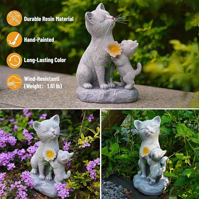 Solar Cat Garden Statue Outdoor Decor - Mother & Kitten Figurines with Flower LED Light, Outside Yard Art Patio Balcony Lawn Ornament, Unique Gifts for Cat Lover-Ruum Studio Home