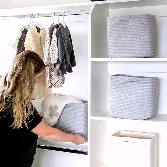 NaturalCozy Storage Cubes 11 Inch Cotton Rope Woven Baskets for Organizing, 3-Pack | Cube Storage Bin | Square Storage Baskets for Shelves Organizer, Classroom, Kids Toy Bins, Closet, Baby Nursery-Ruum Studio Home