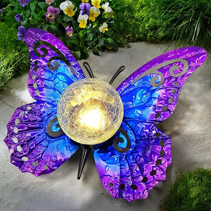 Solar Lights Outdoor Garden Butterfly Decor, Metal Butterfly Statue Decoration with LED Crackle Glass Globe, Solar Powered Lighted Garden Art Decor for Patio Lawn Yard Pathway Tabletop Ground-Ruum Studio Home
