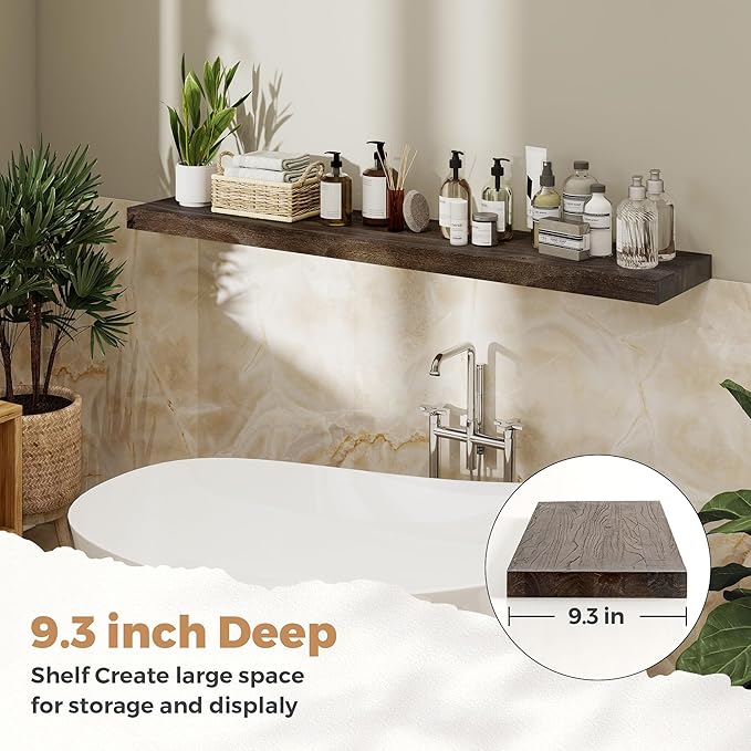 RICHFOCUS Elm Floating Shelves for Wall - 48" W x 9.3" D Rustic Solid Wood Shelves with Invisible Bracket, Wall-Mounted for Living Room, Bedroom, Kitchen Storage & Display, Set of 1, Walnut-Ruum Studio Home