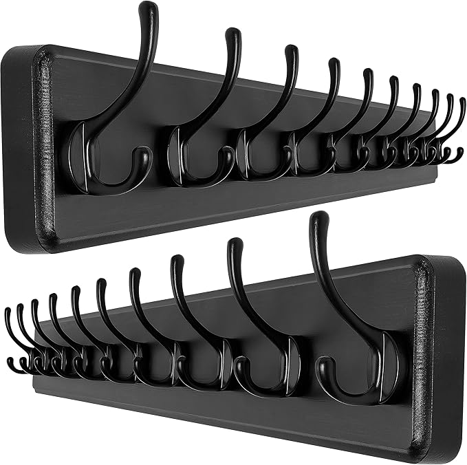 SKOLOO Rustic Wall Mounted Coat Rack, Case of 2, Pine Solid Wood Coat Hook Hanger - 10 Hooks for Hanging Clothes Robes Towels Coats-Ruum Studio Home