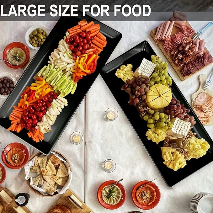 Long Melemine Serving Tray, 17.3x8x1.5 in Serving Platters and Trays for Appetizer, Charcuterie, Bread, Fruit, Dessert, Set of 2, Black-Ruum Studio Home
