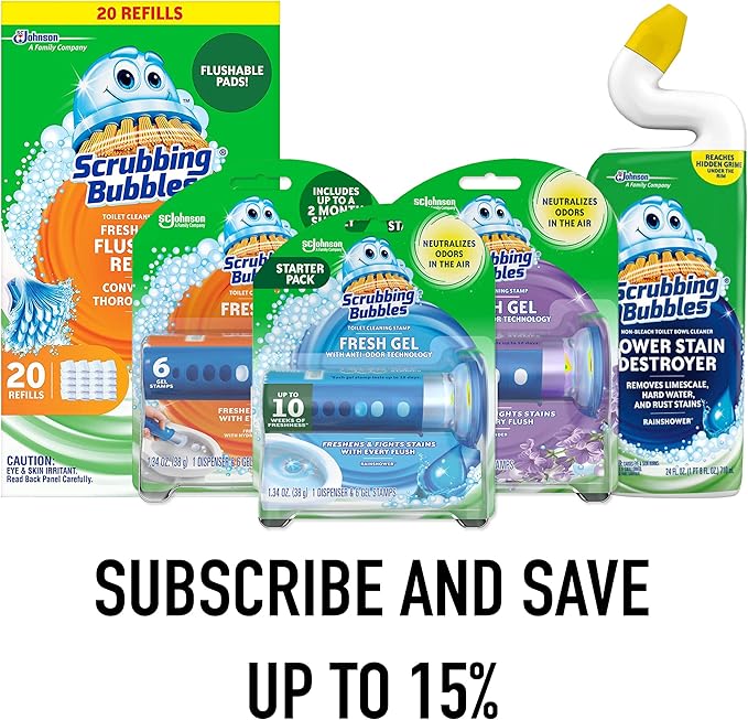 Scrubbing Bubbles Fresh Gel Toilet Bowl Cleaning Stamps, Helps Keep Toilet Clean and Helps Prevent Limescale & Rings, Rainshower Scent, 1 Dispenser with 24 Fresh Gel Stamps-Ruum Studio Home