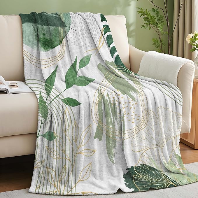 Sage Green Leaf Throw Blanket Mid-Century Green and Gold Boho Flannel Blankets for Couch Bed Living Room Sofa, Decorative Patterned Super Soft Cozy, 50x60 in-Ruum Studio Home