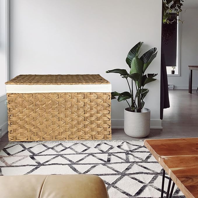 Wicker Storage Basket with Lid, 42.3 Gallon (160L) Large Blanket Basket with Lid, Woven Storage Bin with Handles, Removable Liner, Metal Frame, Foldable, for Bedroom, Laundry Room, Natural-Ruum Studio Home