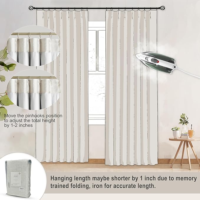 Vision Home Natural Pinch Pleated Full Blackout Curtains Linen Blended Room Darkening Window Curtains 108 inch for Living Room Bedroom Thermal Insulated Pinch Pleat Drapes with Hooks 60" Wx108 Lx1-Ruum Studio Home
