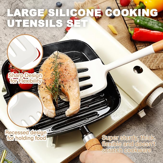 QMVESS Silicone Cooking Utensils Set, Kitchen Utensils Set 7 Pcs with Long Wooden Handle, Food Grade and Heat Resistant Large Silicone Spatula Set for Nonstick Cookware, BPA Free（White）-Ruum Studio Home