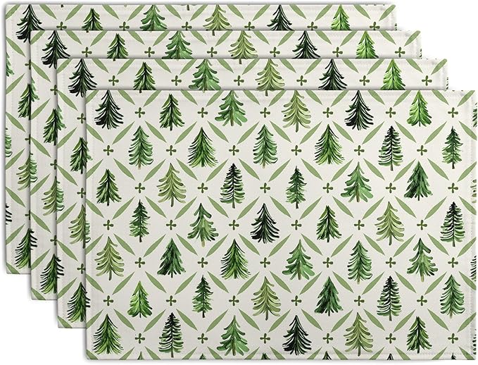 Sage Green Pine Tree Christmas Placemats Set of 4 Xmas Farmhouse Rustic Style Print Place Mat Seasonal Winter Holiday Linen Table Mats for Indoor Outdoor Kitchen Dining Party Decor-Ruum Studio Home