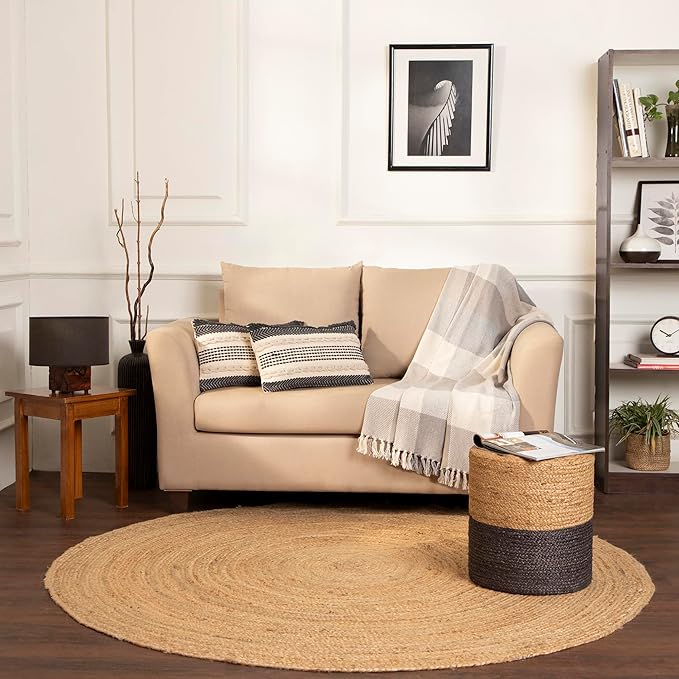 REDEARTH · Cylindrical Pouf Foot Stool Ottoman - Jute Braided Pouffe Poof Accent Sitting Footrest for Living Room, Bedroom, Nursery, Patio, Lounge - Set of 2 (14.5”x14.5”x16”; Natural Gray)-Ruum Studio Home