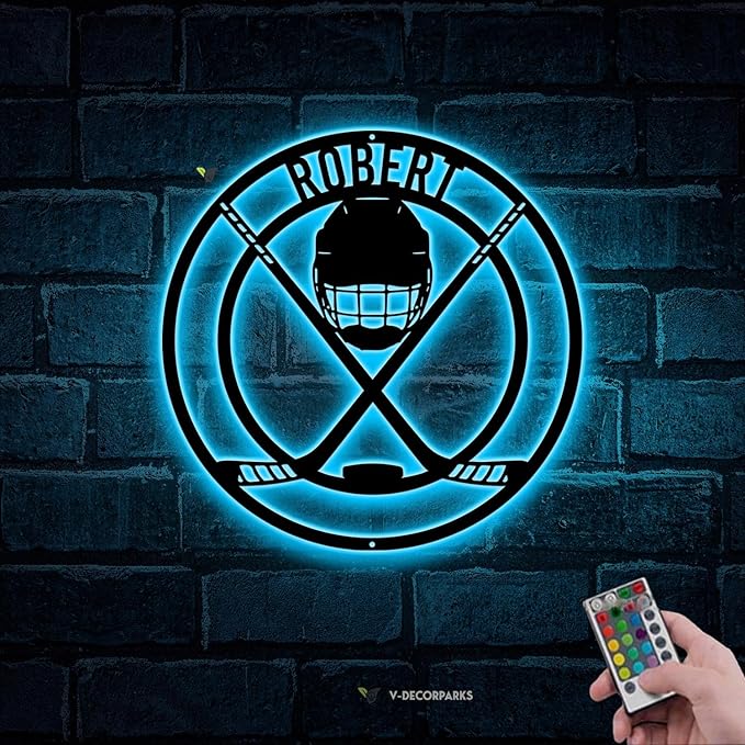 Personalized Hockey LED Wall Sign – Custom Name Light with Helmet, Sticks & Puck, 16-Color LED with Remote Control Neon Signs For Wall Decor, Hockey Decor for Boys Room, Man Cave-Ruum Studio Home