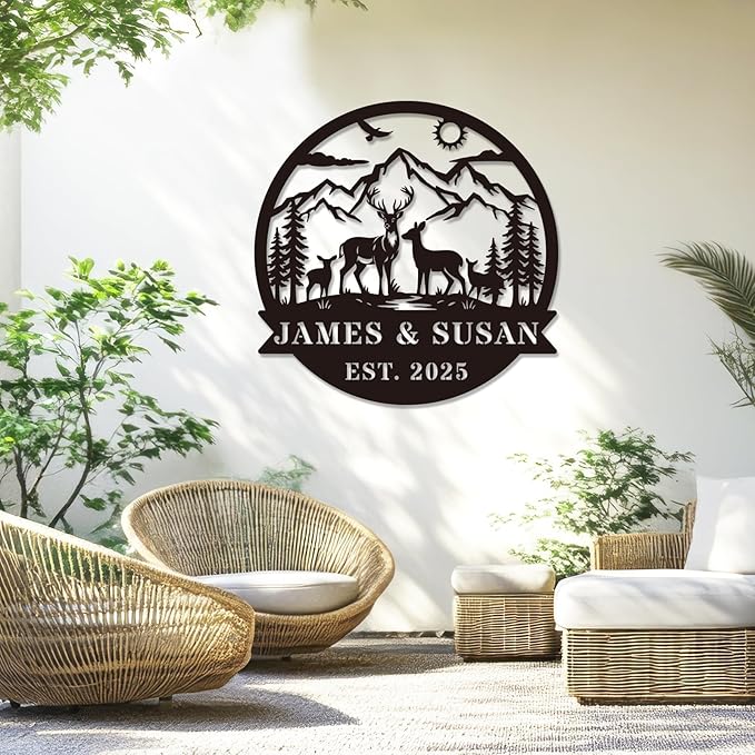 Personalized Rustic Metal Deer Cabin Sign, Outdoor Welcome Sign for Front Porch, Great Custom Metal Name Sign Gift for Hunters, Farmhouse Cabin Decor-Ruum Studio Home