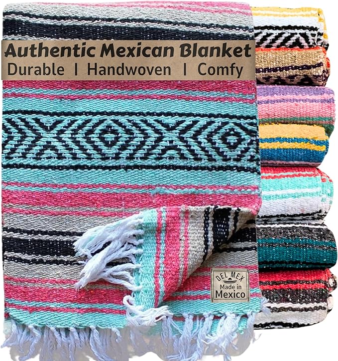 Del Mex Classic Mexican Blanket, Large Authentic Woven Falsa Throw (70"x50"), Artisan Southwest Décor for Beach, Yoga, Outdoors (Mint/Tan/Pink)-Ruum Studio Home