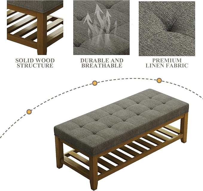 Large Rectangular Upholstered Ottoman Bench, Linen Tufted Footrest Ottoman with Solid Wood Shelf Storage Coffee Table for Bedroom Living Room, Granite-Ruum Studio Home
