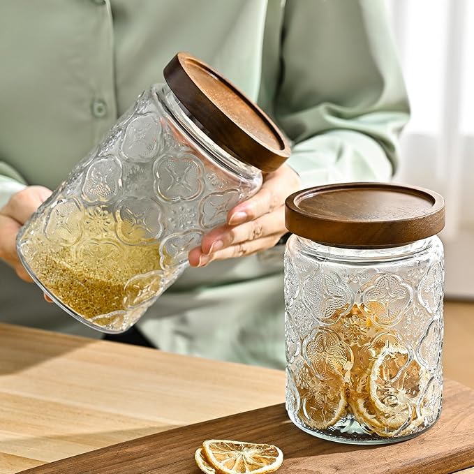 32oz Vintage Glass Jar With Lid, Glass Storage Containers, Airtight Kitchen Storage Containers For Sugar, Coffee, Tea, Spice, Flour, Candy Cookie, Pasta, Cereal, Cute Decorative Jars-Ruum Studio Home