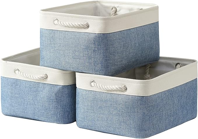 TcaFmac Storage Bins for Organization - Large 3 Pack Canvas Storage Basket for Shelves with Handles, Collapsible Baskets for Organizing for Closet Dog Laundry (White & Blue16x12x8 inch)-Ruum Studio Home