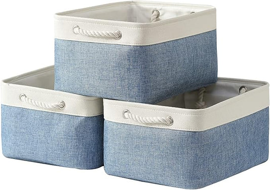 TcaFmac Storage Bins for Organization - Large 3 Pack Canvas Storage Basket for Shelves with Handles, Collapsible Baskets for Organizing for Closet Dog Laundry (White & Blue16x12x8 inch)-Ruum Studio Home
