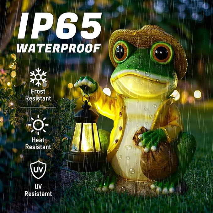 Large Frog Garden Statue, 13.3 Inches Tall, Resin Frog Decor with Solar Lantern for Outdoor Decoration and Housewarming-Ruum Studio Home