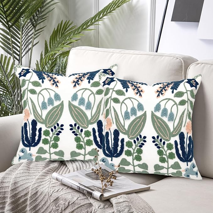 Alysheer Floral Embroidered Summer Decorative Throw Pillow Covers 20"x 20" Set of 2, Farmhouse Cottage Navy Blue Green Flowers Leaves Knit Pattern Cotton Canvas Cushion Case for Couch Bed Living Room-Ruum Studio Home