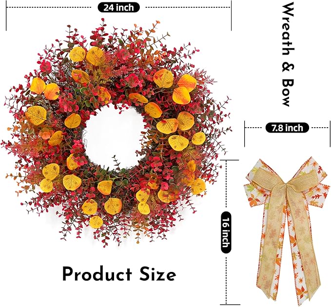 CYANBLOOM Fall Front Door Wreath: 24 Inch Large Burgundy Boxwood Eucalyptus Wreaths with Maple Bow for Rustic Farmhouse Decor - Weatherproof Outdoor Indoor All Season - Thanksgiving Halloween Decor-Ruum Studio Home