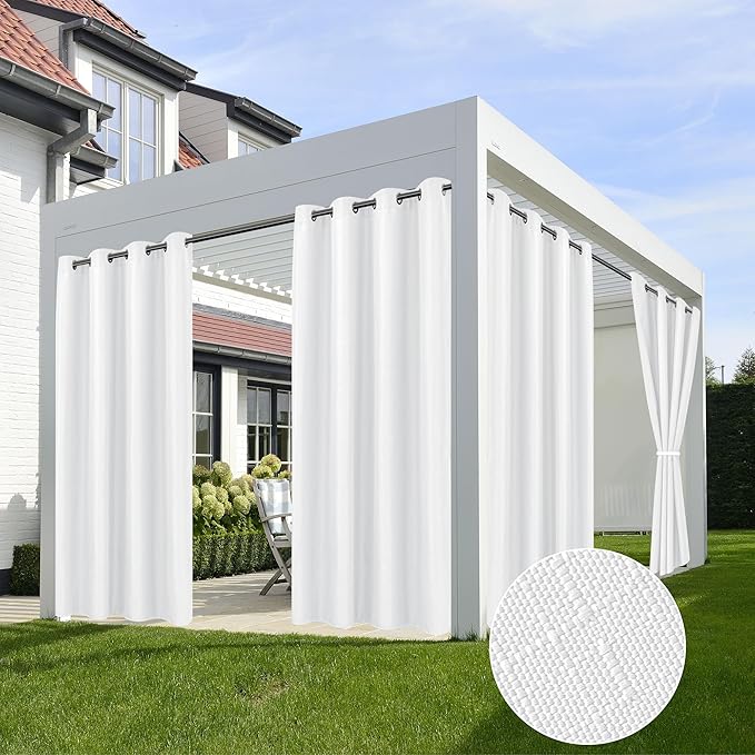 HolidayIdeas 4 Panels Outdoor Curtains for Patio Waterproof White Linen Curtains 95 Inch Length-Indoor/Outside Curtains Weatherproof, Privacy for Pergola, Porch, Gazebo-54 Wide x 95" Long-Ruum Studio Home