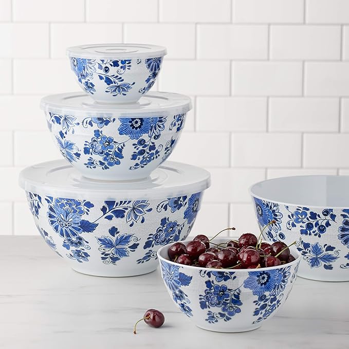 Amazon Basics Nesting Melamine Mixing Round Bowl with Lid and Non-Slip Base, 5 Sizes, Blue and White Floral, Set of 10, 4 quarts, 3 15/16",7 9/16",8 7/8",10",11 1/4"-Ruum Studio Home